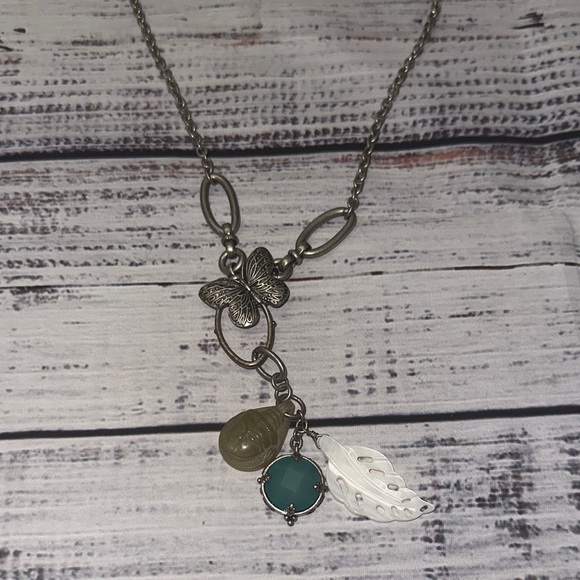 Lucky Brand-Buddha-Silver Butterfly Pendant-MOP Leaf Charm‎ Tassel 20" Necklace - Picture 4 of 5